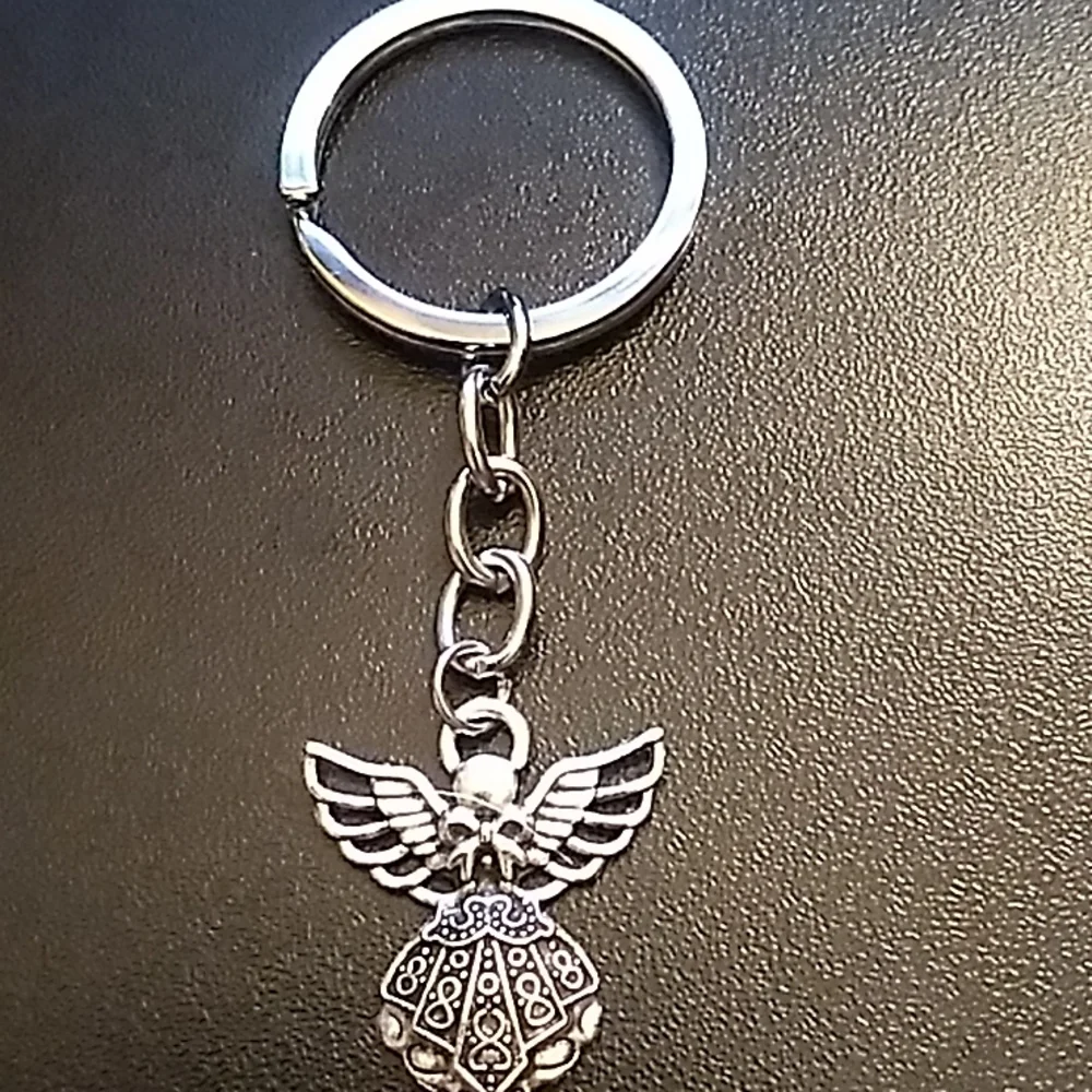 Phaeton Silver Tone Guardian Angel Charm Keychain 1 x 3 1/4 inch total w keyring